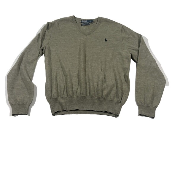 Polo Ralph Lauren Mens Gray Merino Wool Pullover V Neck Preppy Sweater Sz L - Picture 1 of 9
